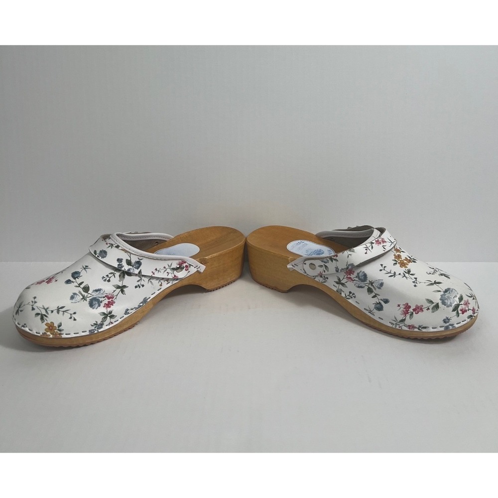 Orthopedik Floral Leather Clogs Womens 41‎ White Wood Sole Cottagecore Mules - Picture 8 of 10